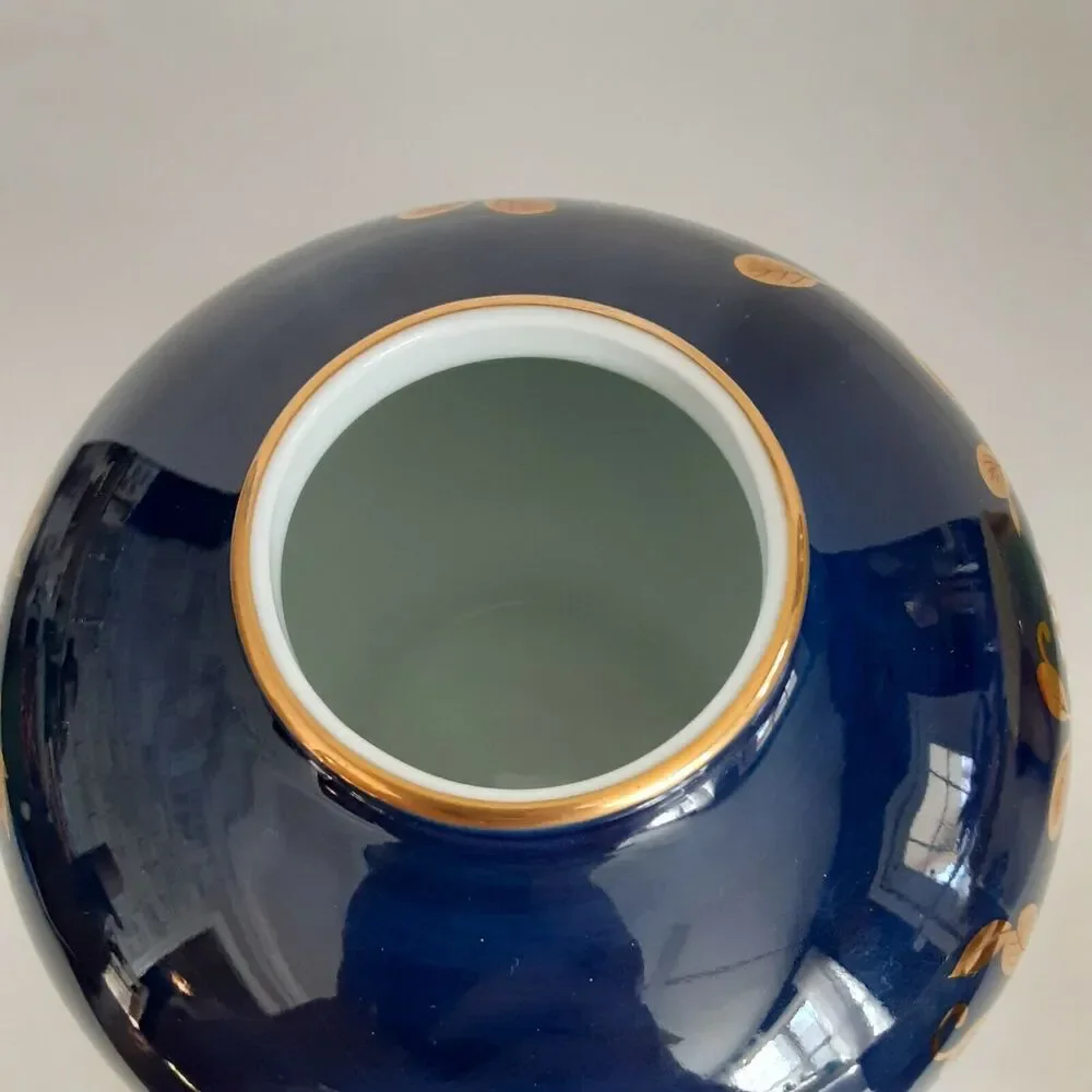 Potiche a' Fleur Cobalt Blue Hand Painted & Gold Leaf Vase,Porcelain, Signed